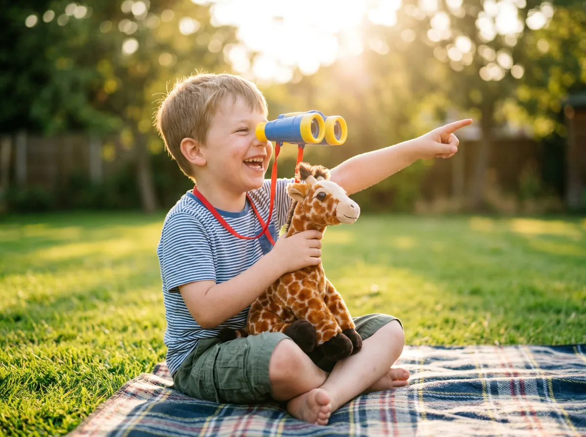 Niño explorando el jardín con binoculares y el peluche de jirafa