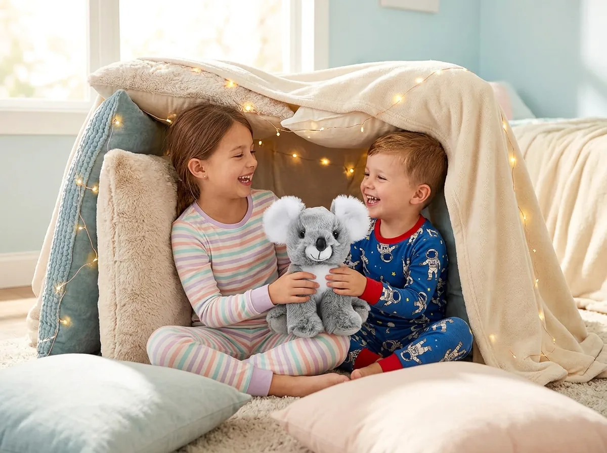 Hermanos jugando dentro de un fuerte de almohadas con el peluche de koala