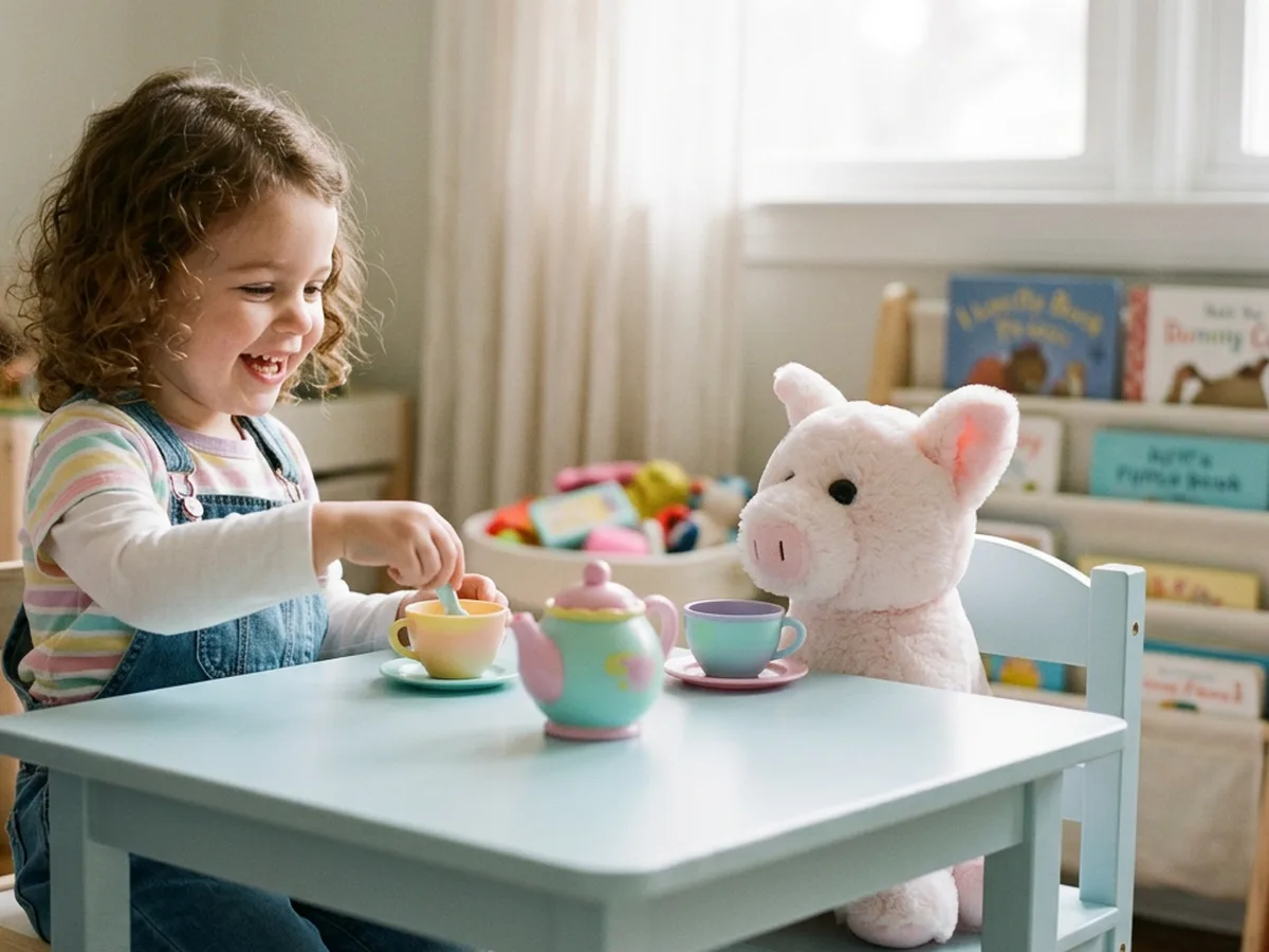 Niña tomando té de juguete con el peluche de puerquito rosa